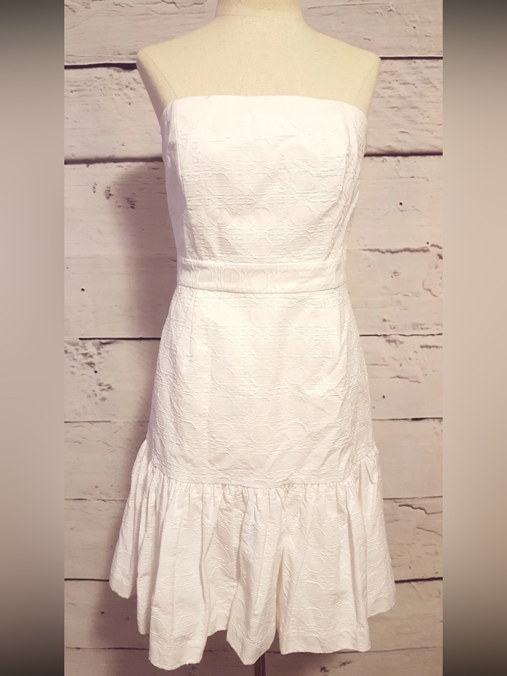 Vineyard Vines White Caning Textured Jacquard Drop Waist Strapless Dress S 4